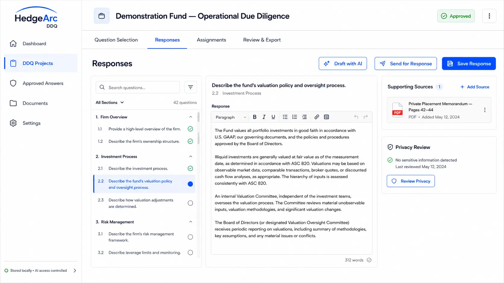 HedgeArc DDQ software workspace with sectioned question library, document controls, approved answers, and report generation tools